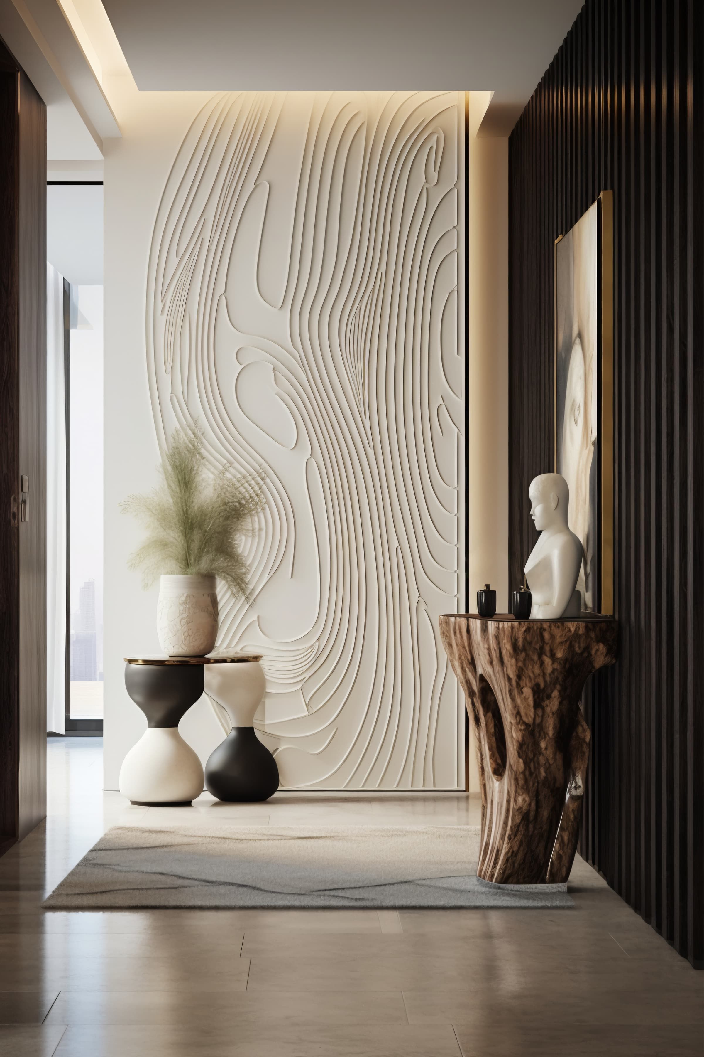 Sculptural relief wall panel and stone side tables in a contemporary entrance hall
